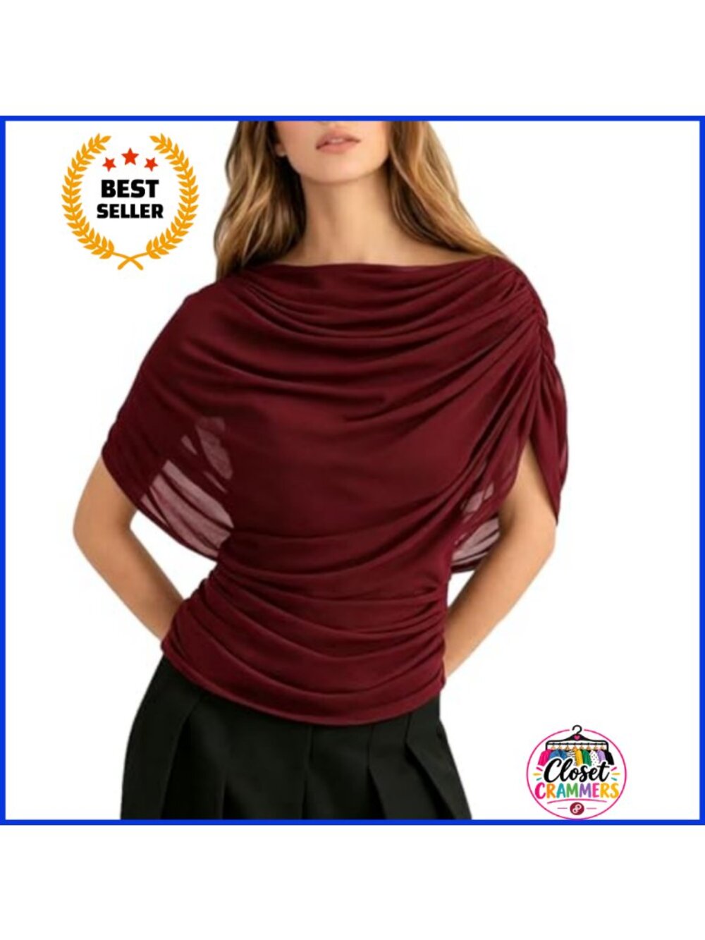 Ruched Mesh Draped Boat Neck Short Sleeve Pullover Blouse